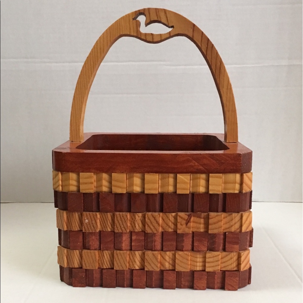 Wooden Square Basket Carved Bird Handle Rustic Country Cottage Farmhouse
